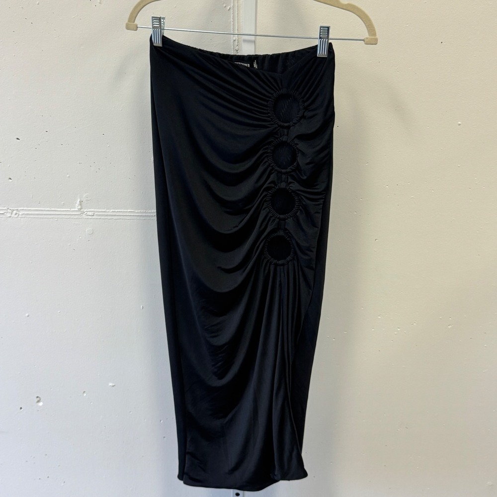 NWT Missguided Black Ruched O-Ring Cut Out Midi Skirt Side Slit Size 8 Festival